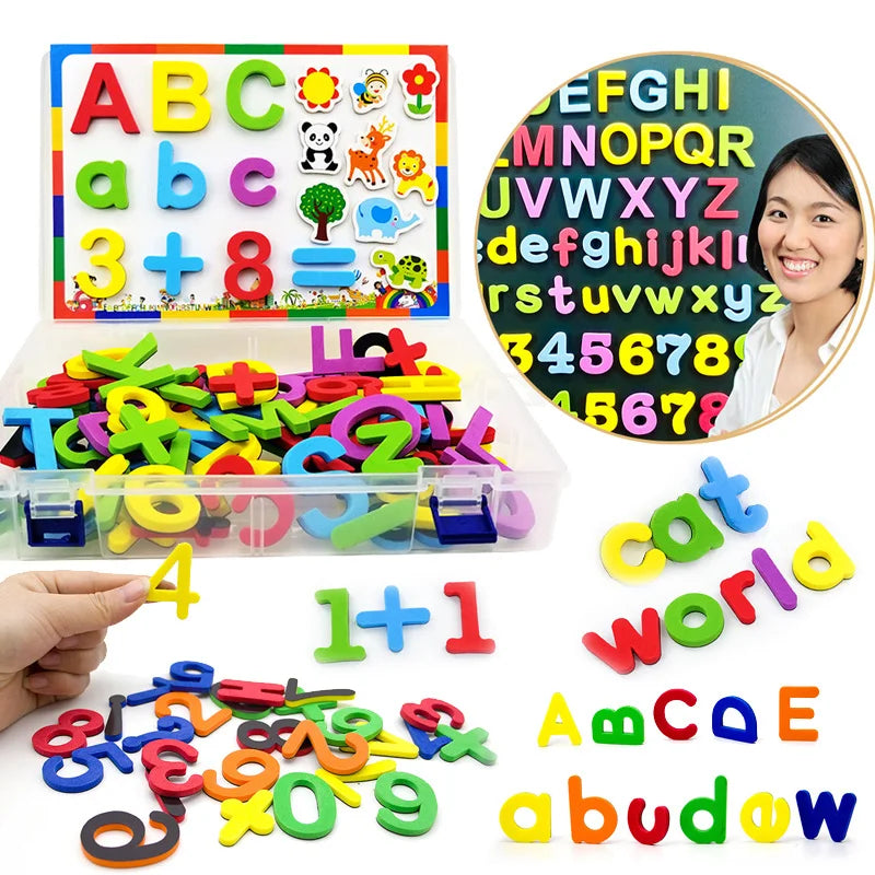 A set of magnetic alphabet and number tiles in various colors and shapes for children's learning