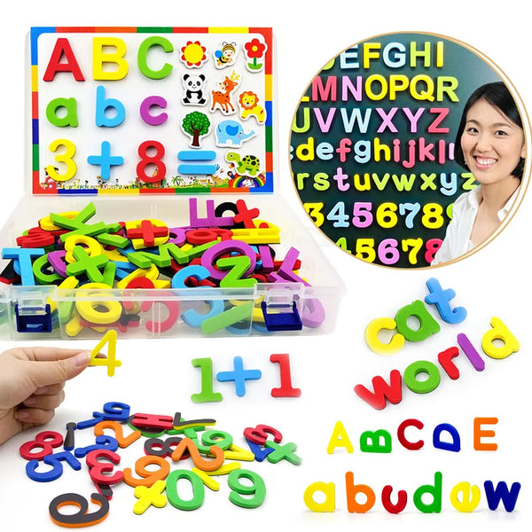 A set of magnetic alphabet and number tiles in various colors and shapes for children's learning