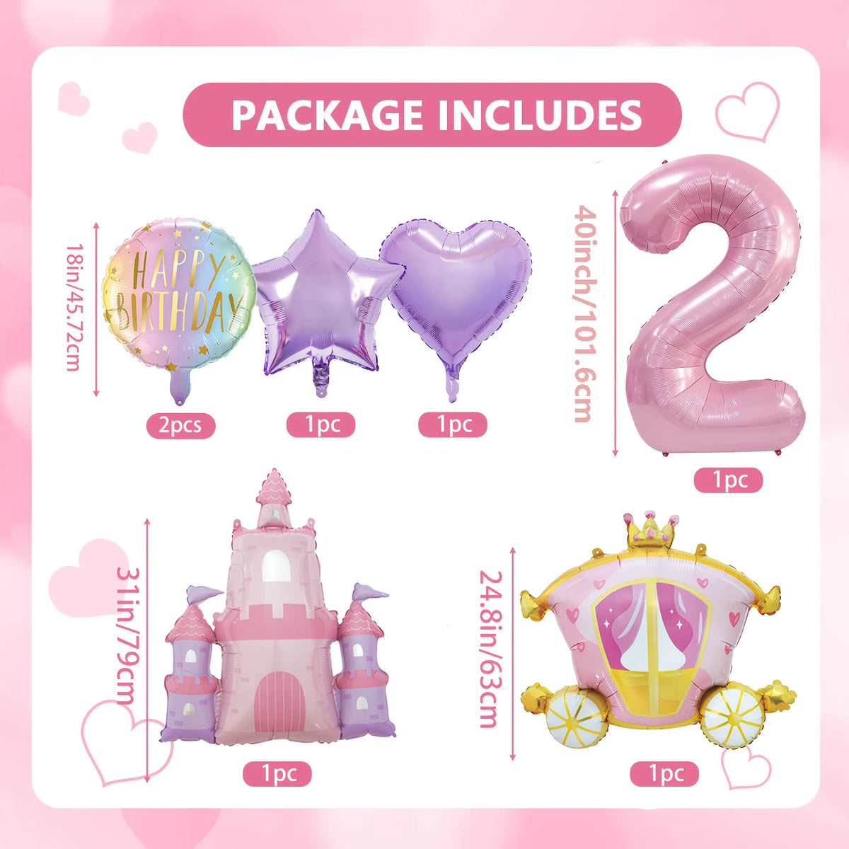 A pink balloon set including a happy birthday balloon, star balloon, heart balloon, and a large number 2 balloon, along with 
