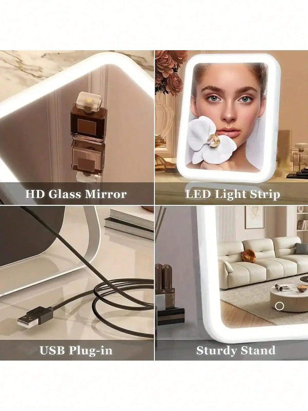 مرآة مكياج بإضاءة LED قابلة للدوران 360 درجة، تشمل مرآة زجاجية عالية الدقة وشريط إضاءة ووصلة USB