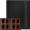 Black trading card storage binder with protective sleeves showing orange and brown cards.
