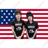 Two individuals wearing black t-shirts with American women graphic designs against a red and white striped background.