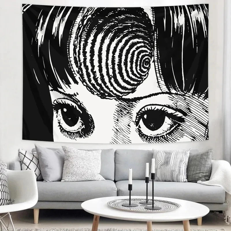 A black and white manga-style tapestry featuring a close-up of an intense eye and hair design.