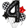 Black foil balloons shaped like the number 4 and a red star for a birthday racing car party decoration set