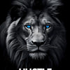A close-up portrait of a majestic lion with striking blue eyes, symbolizing hustle and strength.
