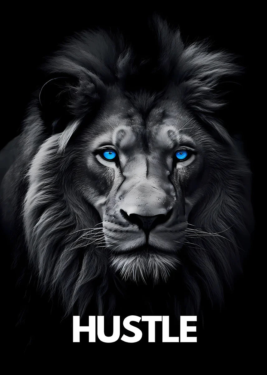 A close-up portrait of a majestic lion with striking blue eyes, symbolizing hustle and strength.