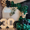 A balloon garland featuring green, gold, and black balloons decorating a birthday backdrop.