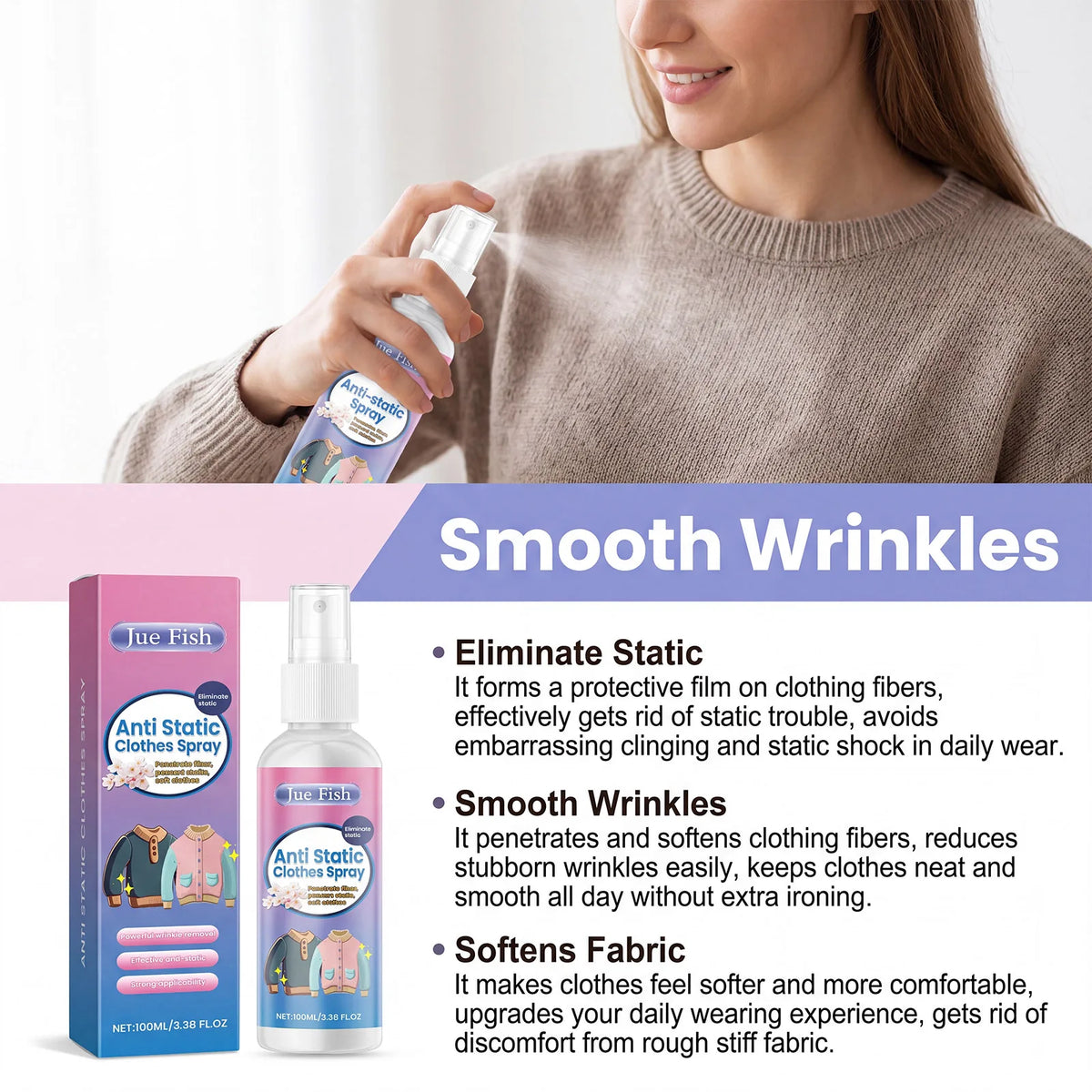 A woman sprays an anti-static fabric spray onto her sweater to smooth wrinkles and eliminate static.