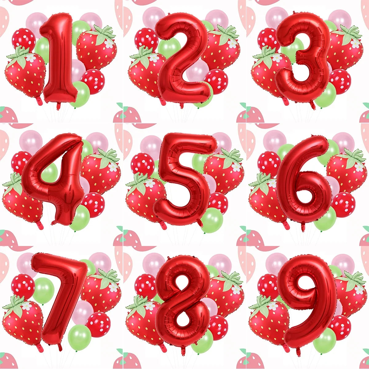 A set of red and green strawberry foil balloons shaped like the numbers 1 through 9.