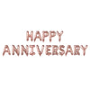 A set of metallic rose gold foil balloons spelling out HAPPY ANNIVERSARY