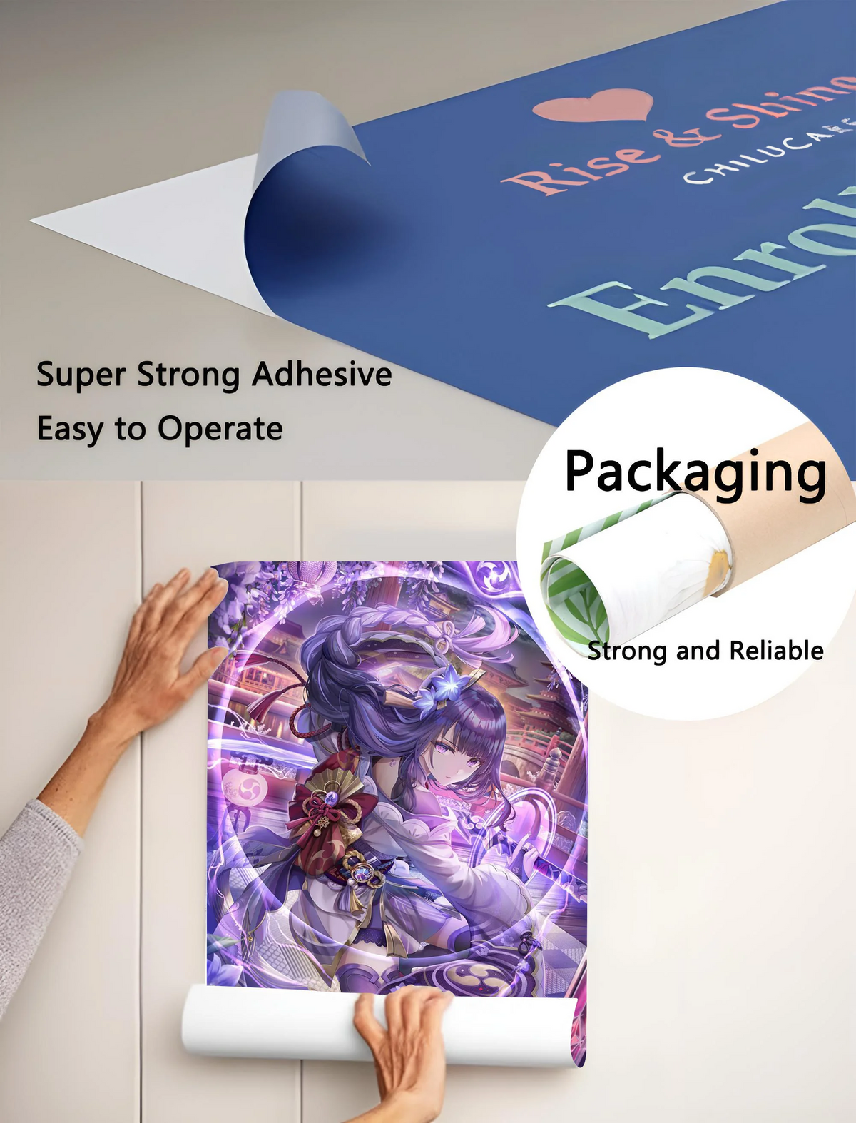 A hand is applying a roll of purple and pink vinyl wall decal onto a surface, next to packaging labeled Rise & Shine Chilucan