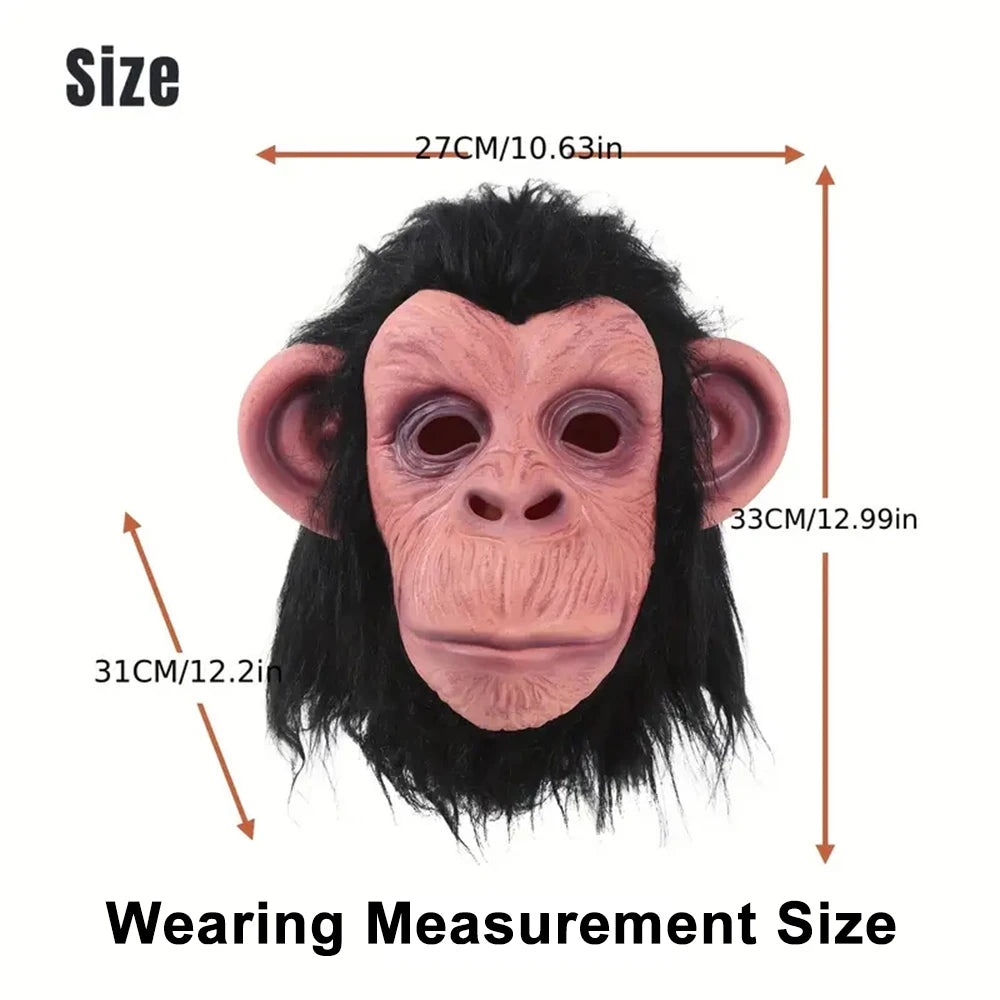 A realistic latex monkey mask costume with dark fur and pinkish facial features shown with size measurements.