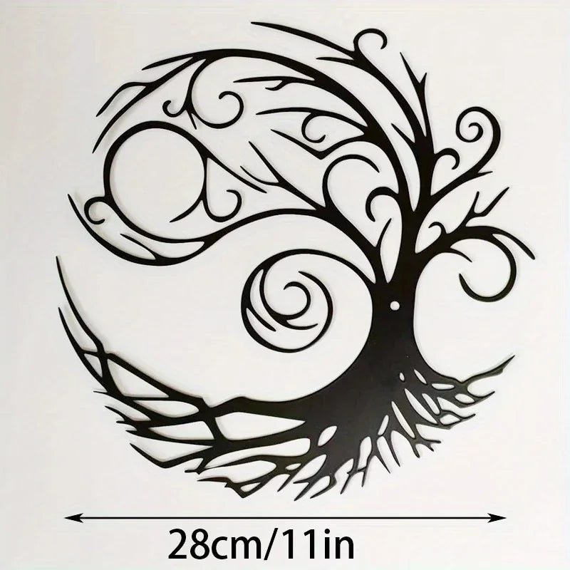 Black metal wall art depicting a stylized Tree of Life with intricate branches and roots.
