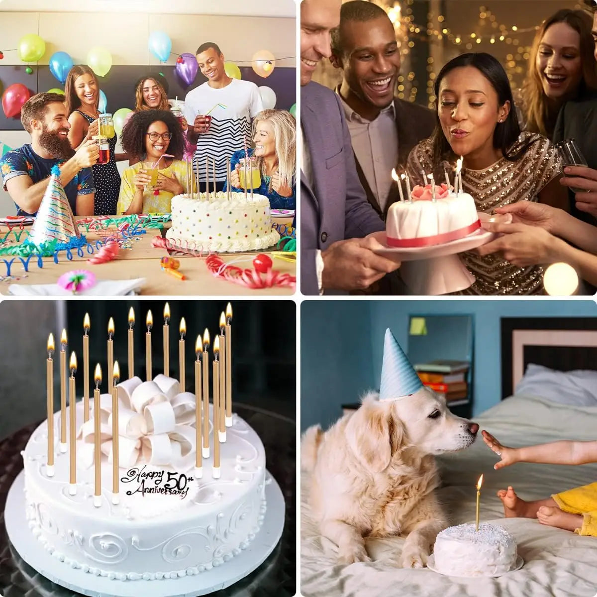 A white birthday cake decorated with gold accents and surrounded by metallic candles and holders.