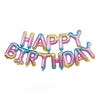A set of foil letter balloons spelling out Happy Birthday in pink and blue colors for party decoration.