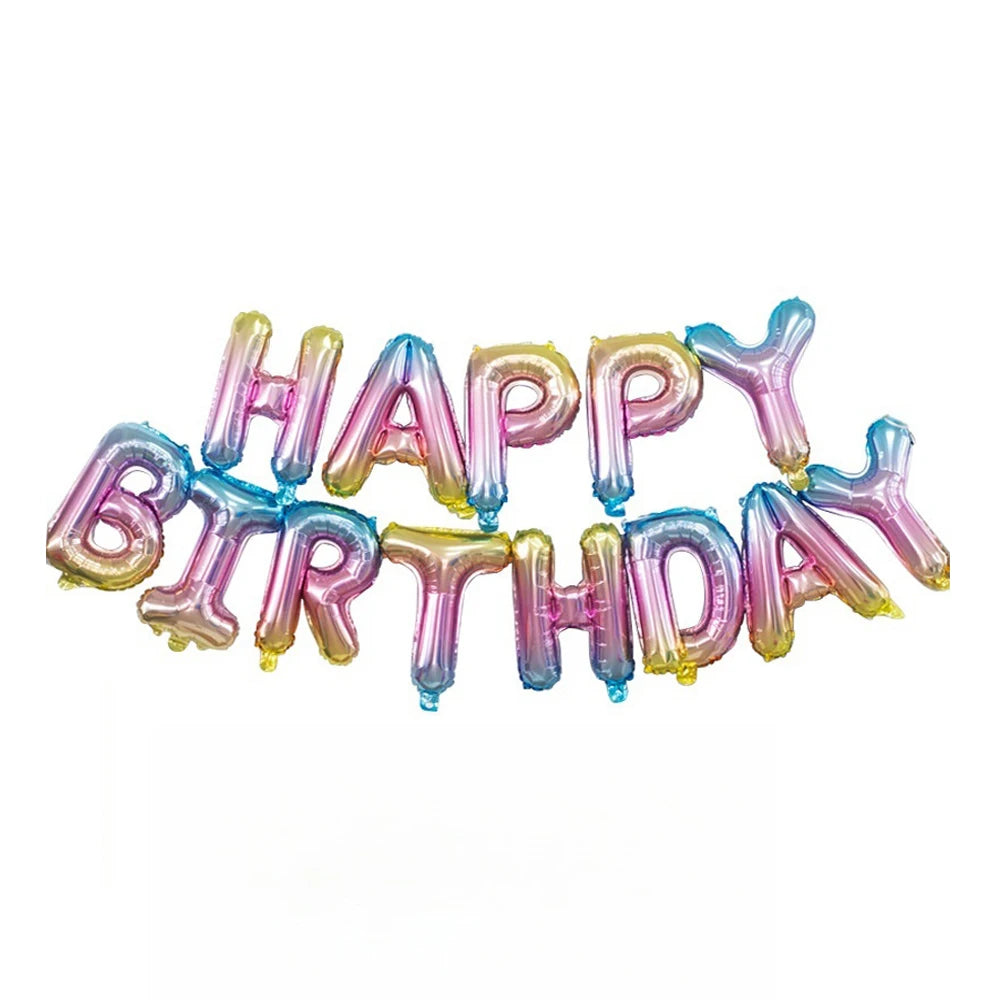 A set of foil letter balloons spelling out Happy Birthday in pink and blue colors for party decoration.