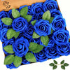 A box filled with 30 artificial blue rose flowers with green leaves.