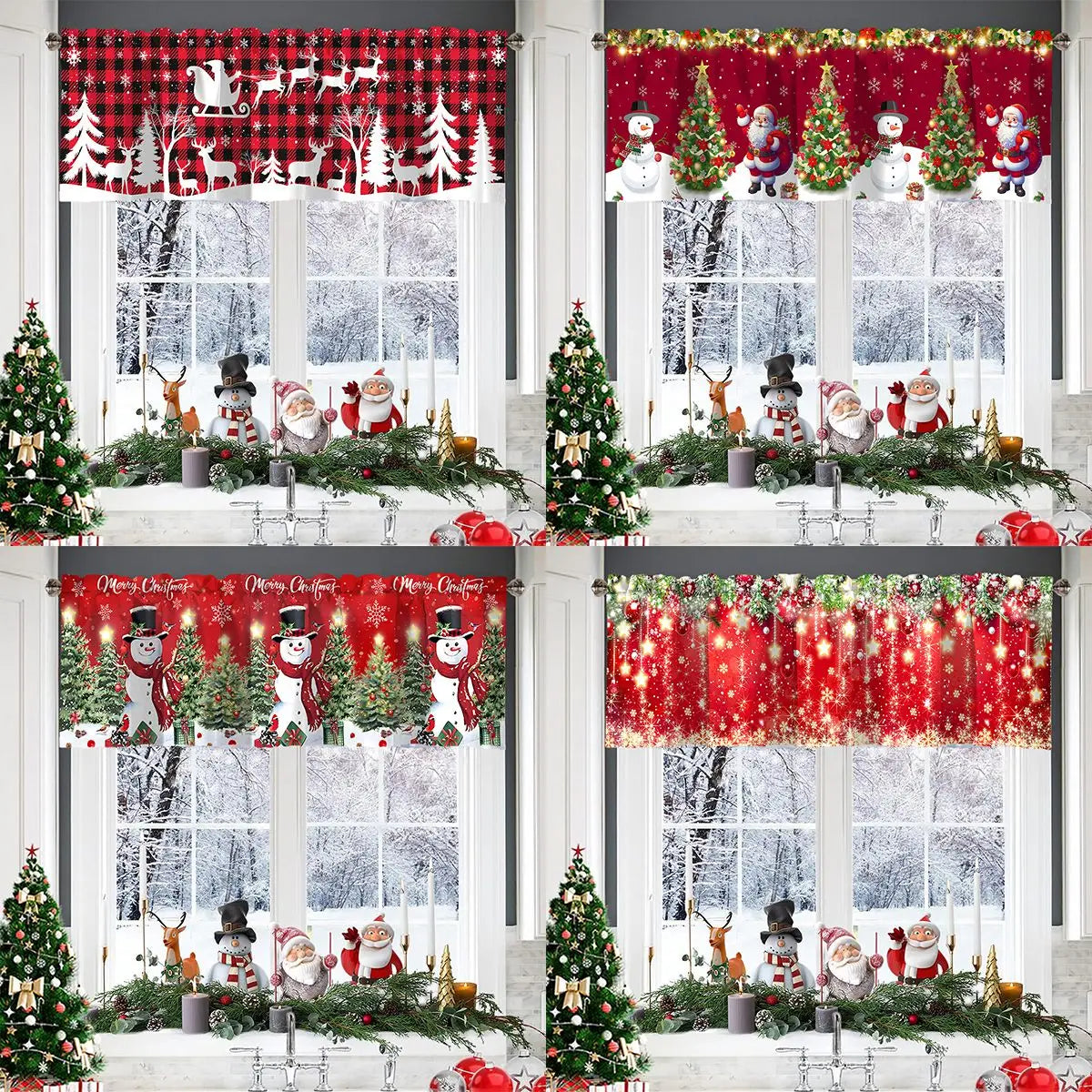 Festive Christmas curtain valance featuring red and green plaid fabric with seasonal decorations