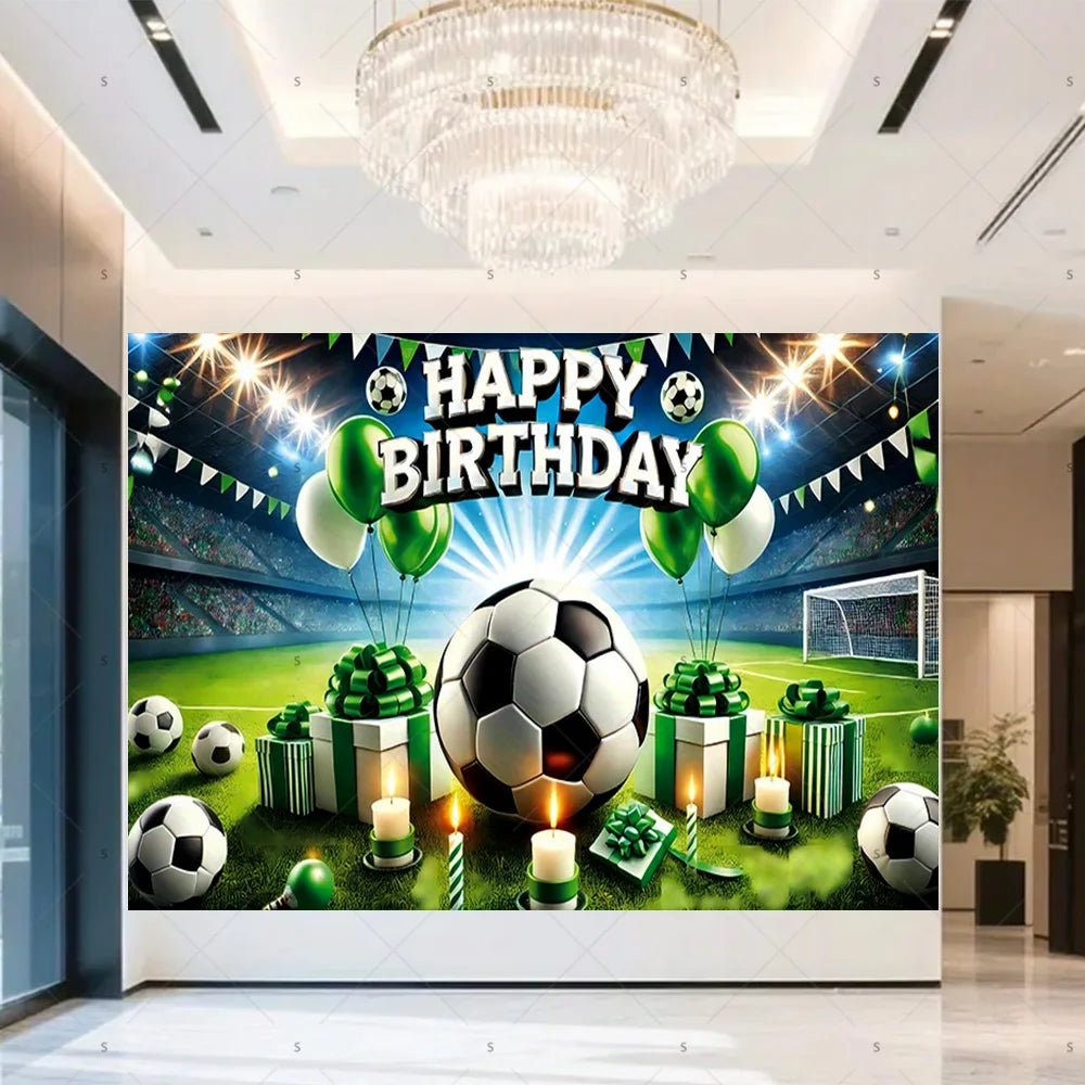 A vibrant football themed birthday backdrop banner featuring a soccer ball, trophies, and crowns on a green field.