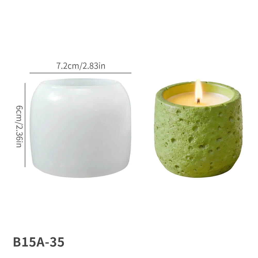 A light green textured silicone mold for candles shown next to its dimensions.