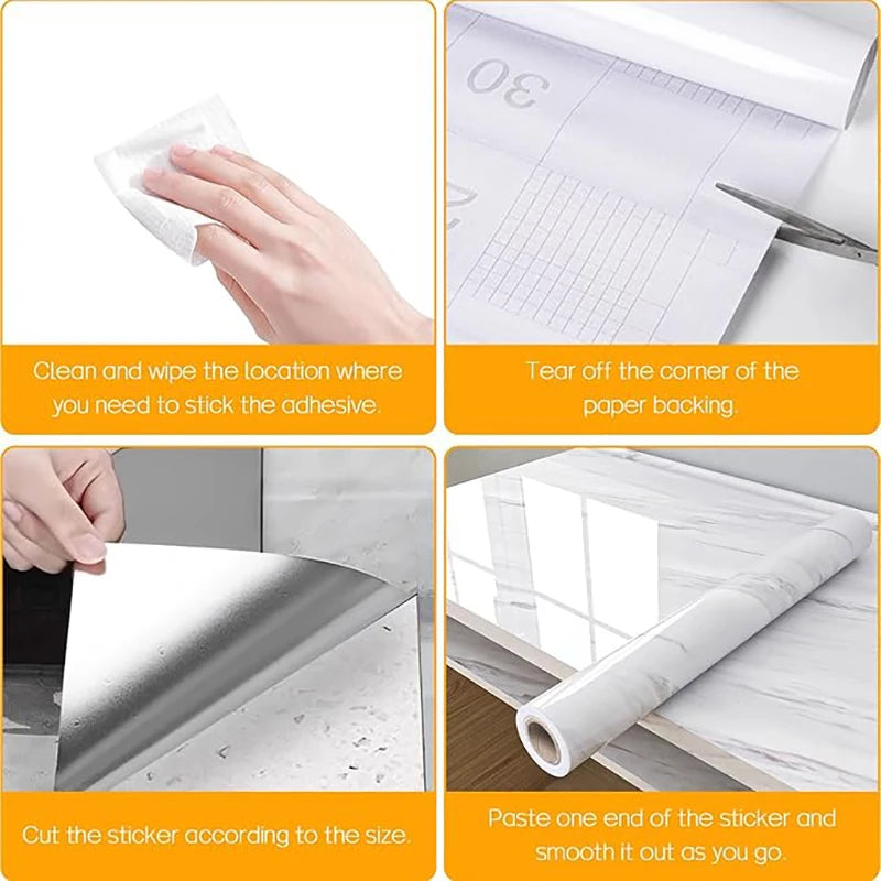 Instructions for applying a marble self-adhesive wallpaper roll, showing cleaning, tearing backing, and pasting.