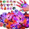 A collection of Halloween LED glow rings featuring pumpkin, ghost, and spider designs.