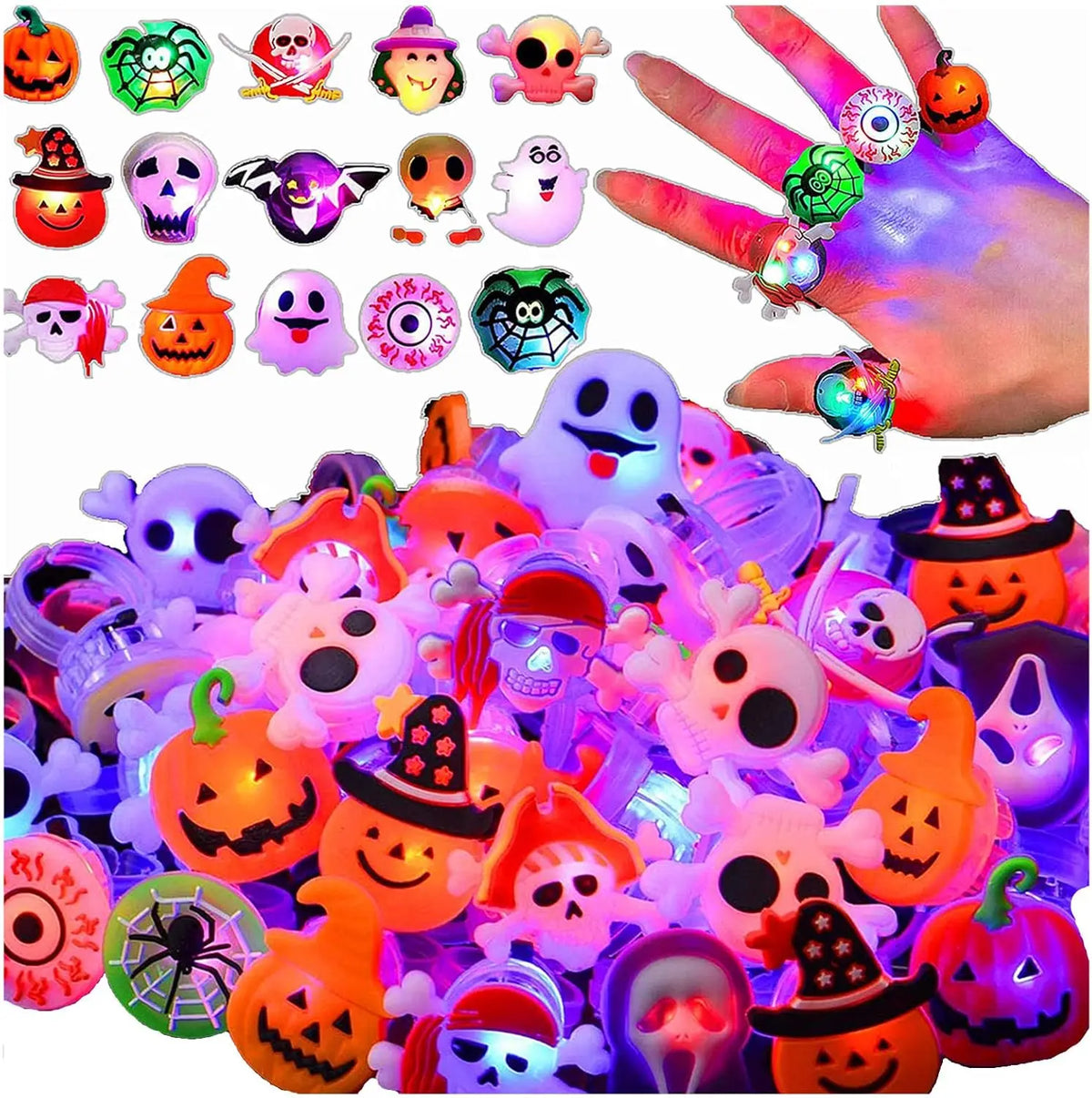A collection of Halloween LED glow rings featuring pumpkin, ghost, and spider designs.