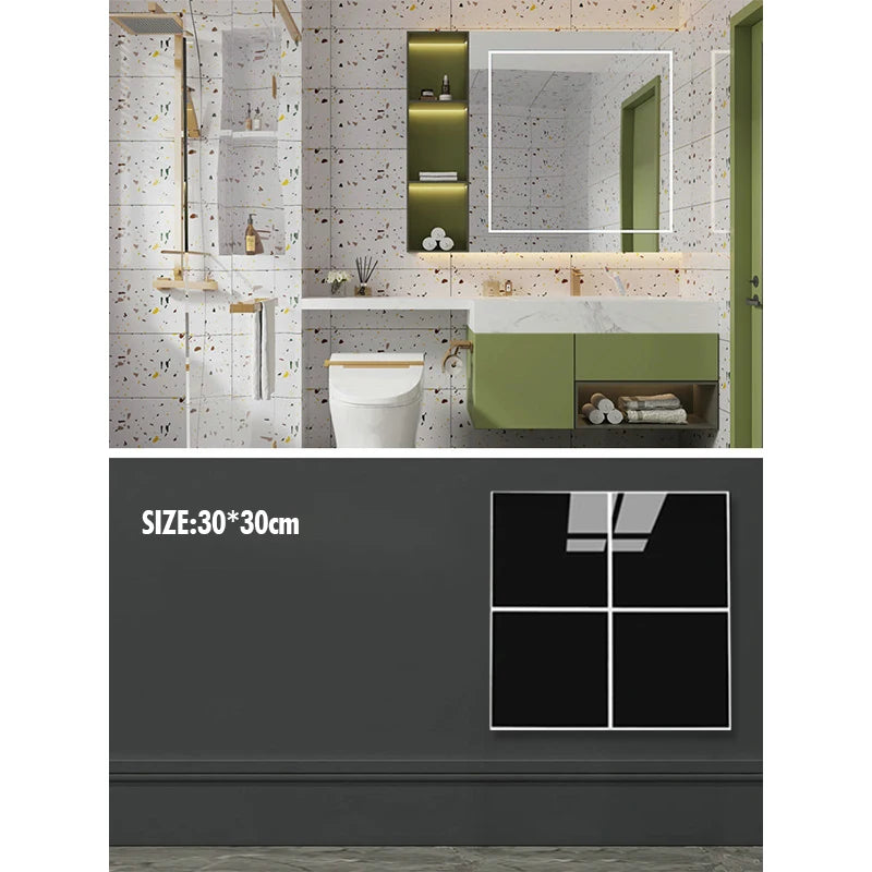 A modern bathroom or kitchen wall featuring marble-patterned decals and green shelving.