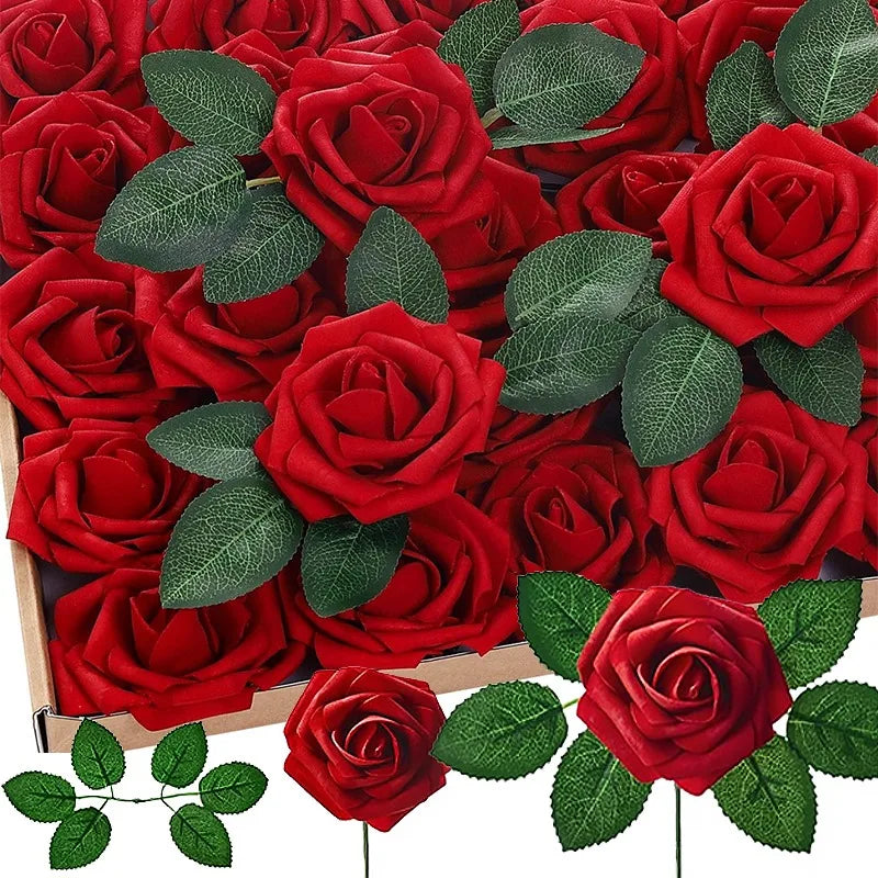 A close-up view of a dense arrangement of realistic red foam rose flower heads with green leaves.