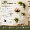 A 4-tier metal plant stand with slatted shelves and a decorative scroll design, holding various potted plants.