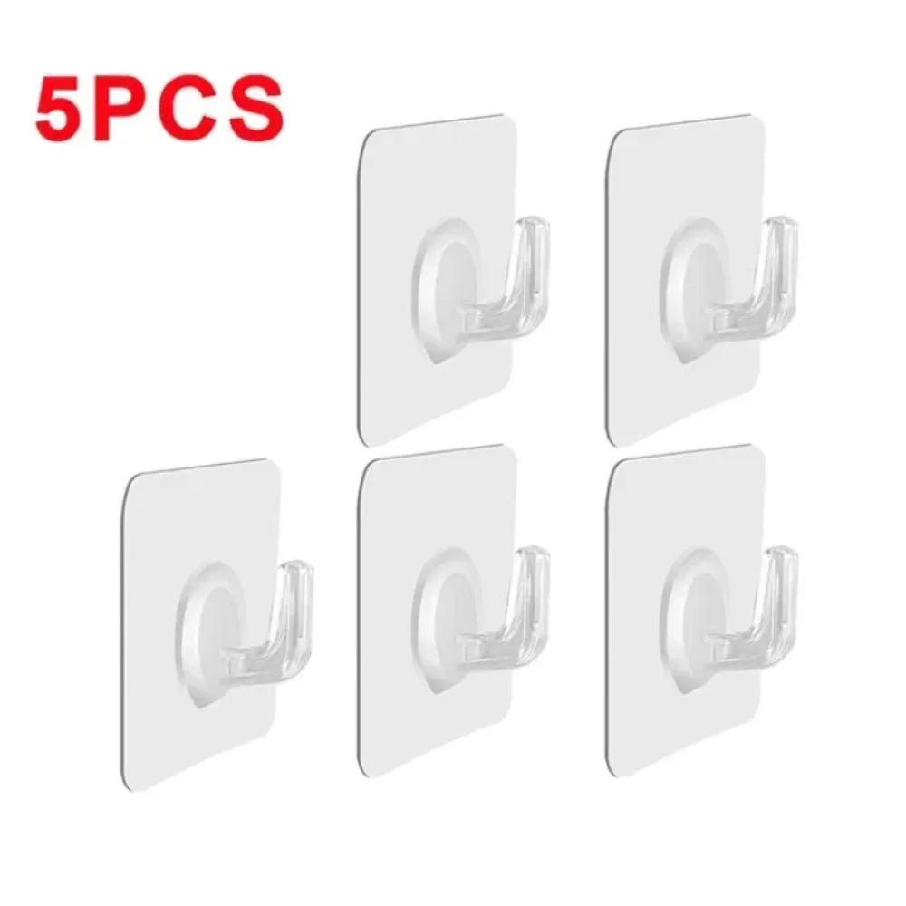 Five transparent heavy-duty self-adhesive hooks for mounting purposes.