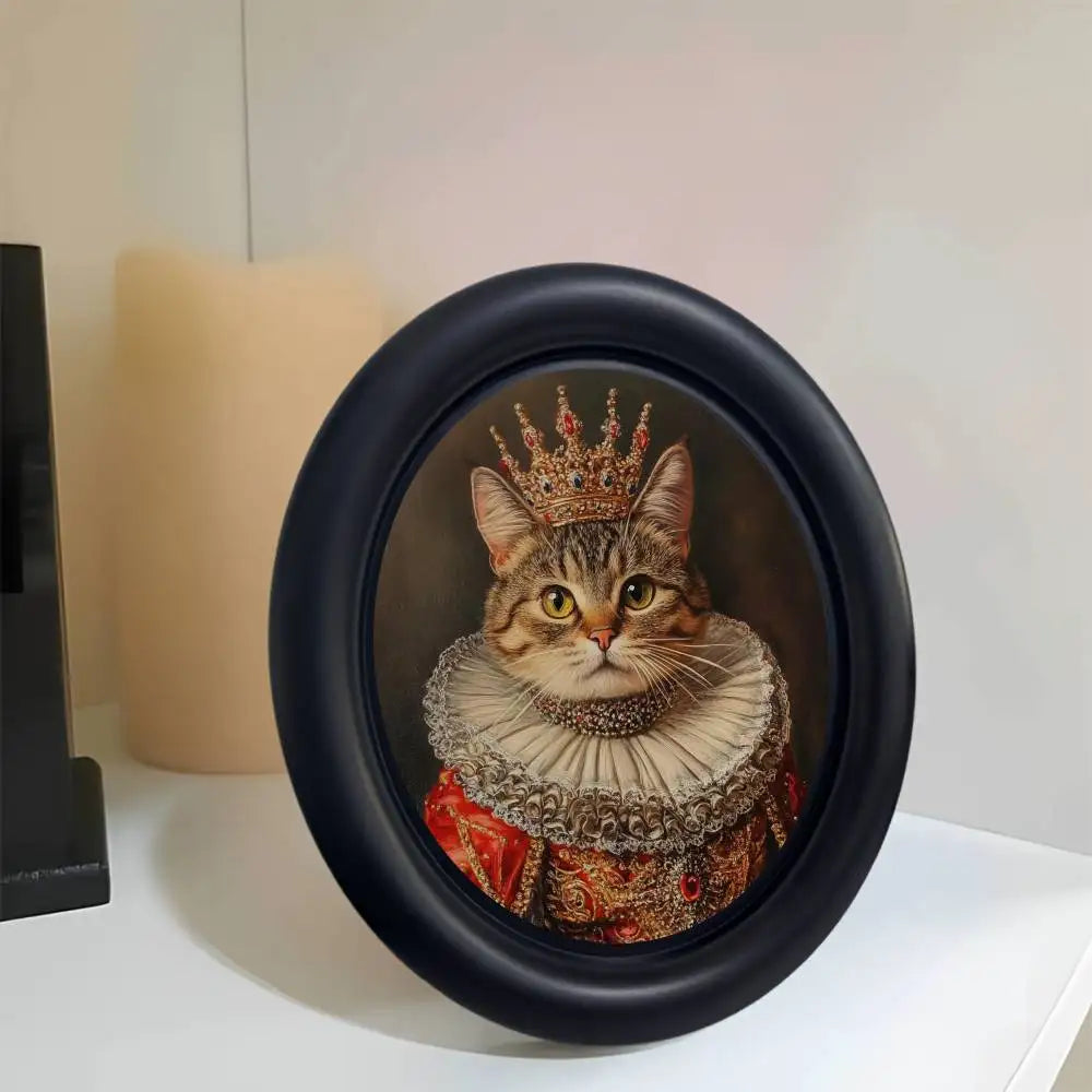 A black oval photo frame containing a detailed portrait of a tabby cat wearing a golden crown and ruffled collar.