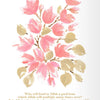 Watercolor illustration of pink and beige floral branches with Arabic text about lending a good loan to Allah