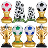 A collection of standing soccer balloons and football-themed party décor items in various colors and styles.