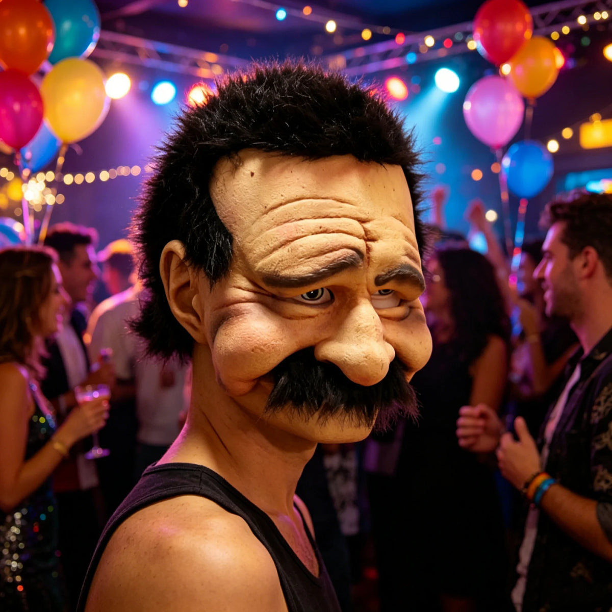 A person wearing a realistic old man horror mask with a prominent mustache and wrinkled skin at a party.