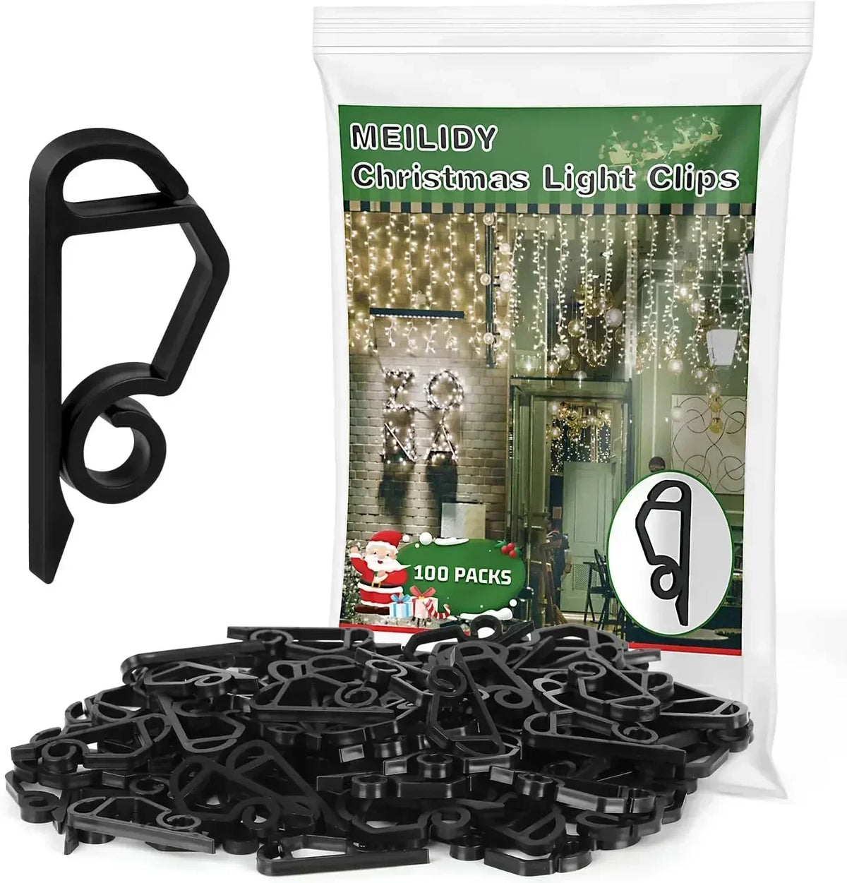 A bag of black Christmas light clips is shown next to a pile of similar clips.