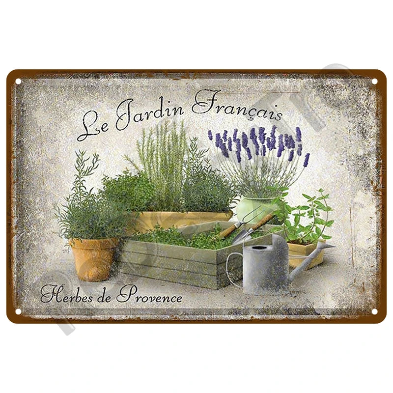 Vintage metal tin sign featuring herbs of Provence plants and text for garden decor