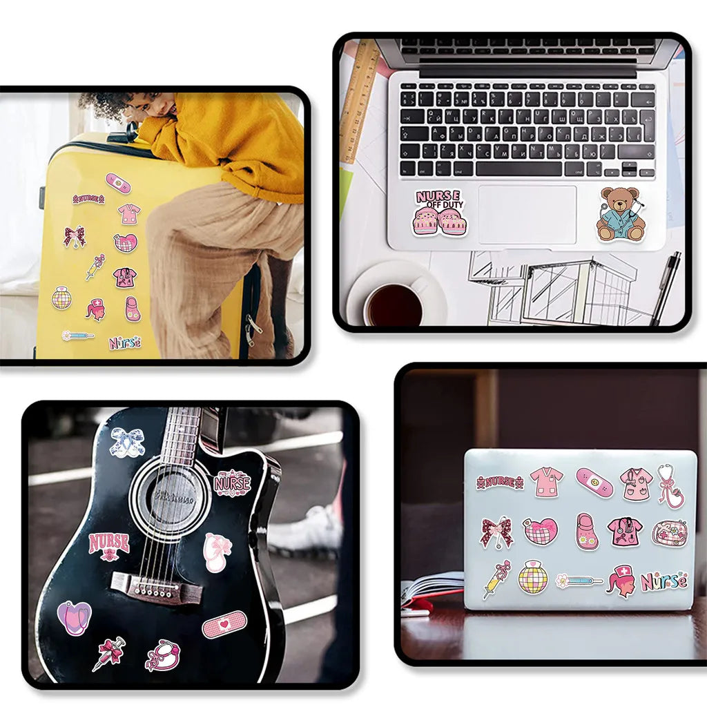 A collection of pink bow nurse graffiti stickers for laptops, water bottles, and DIY projects shown in various contexts.