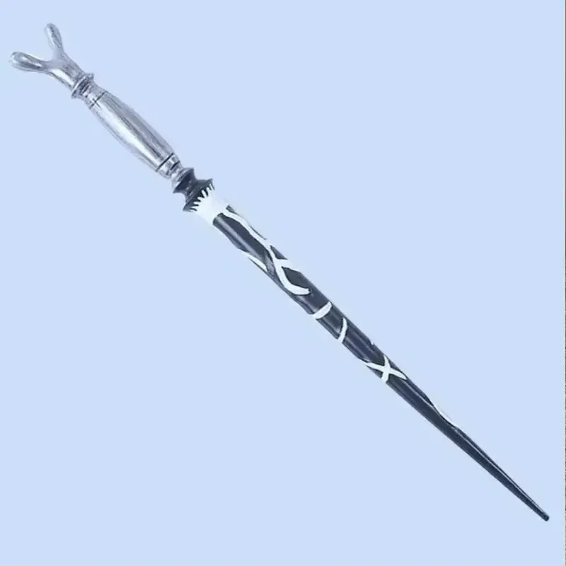 A silver and black metal-resin magic wand with an ornate handle and a pointed tip.