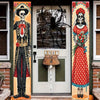 A vertical porch banner featuring a Mexican skull and floral motifs in vibrant colors.
