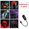 A set of Halloween LED projection lamps featuring jack-o'-lanterns, a witch, a skull, and a spider on a black background.