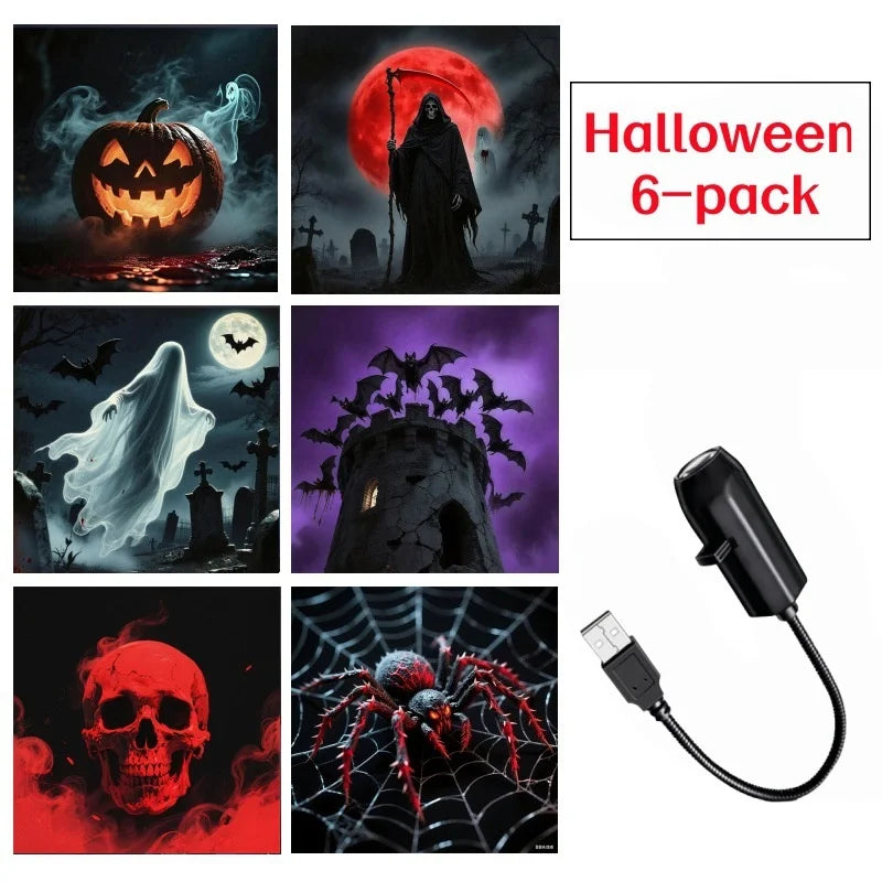 A set of Halloween LED projection lamps featuring jack-o'-lanterns, a witch, a skull, and a spider on a black background.