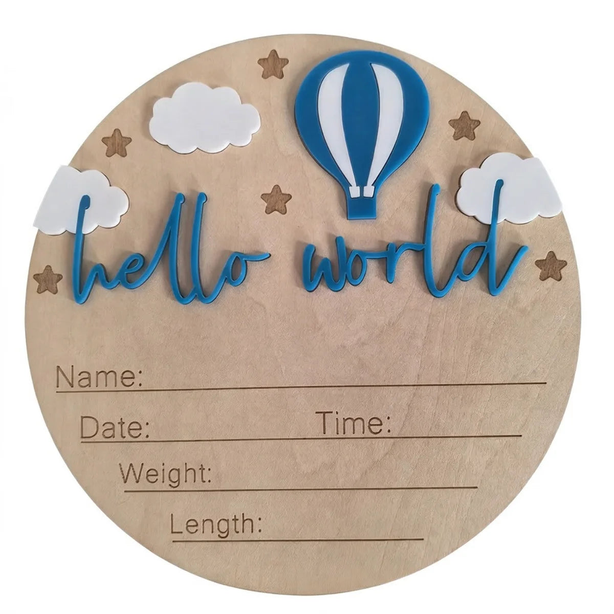 A wooden birth announcement plaque featuring a blue hot air balloon and the text hello world in blue script surrounded by sta