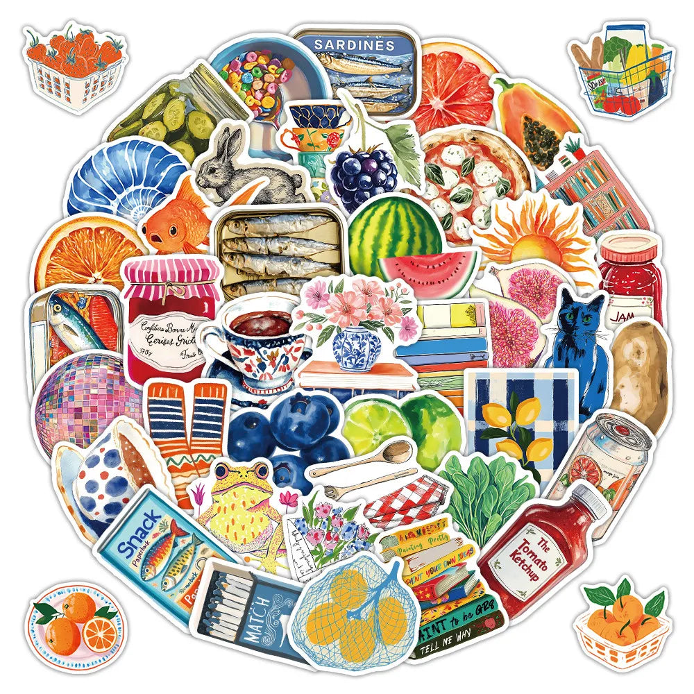 Colección de pegatinas decorativas vintage con alimentos como sardinas, frutas, verduras y animales.