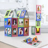 A collection of colorful magnetic photo frames displaying various pictures on a white surface.