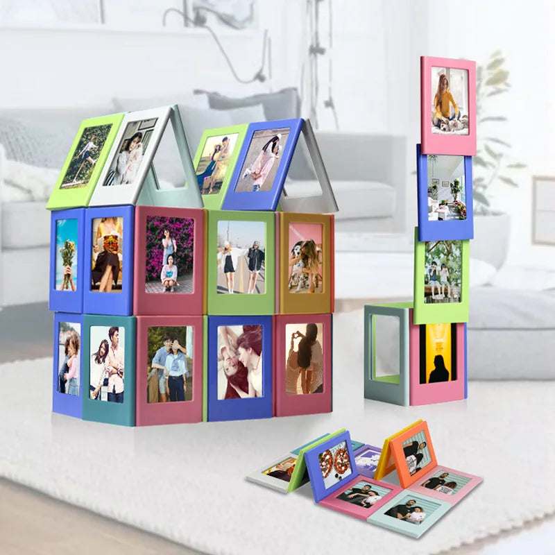 A collection of colorful magnetic photo frames displaying various pictures on a white surface.
