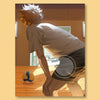 A person in a light shirt is shown from the back, preparing to hit a volleyball on a wooden court.
