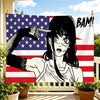 Anime tapestry wall hanging featuring a stylized female character with a black and white drawing of the American flag.