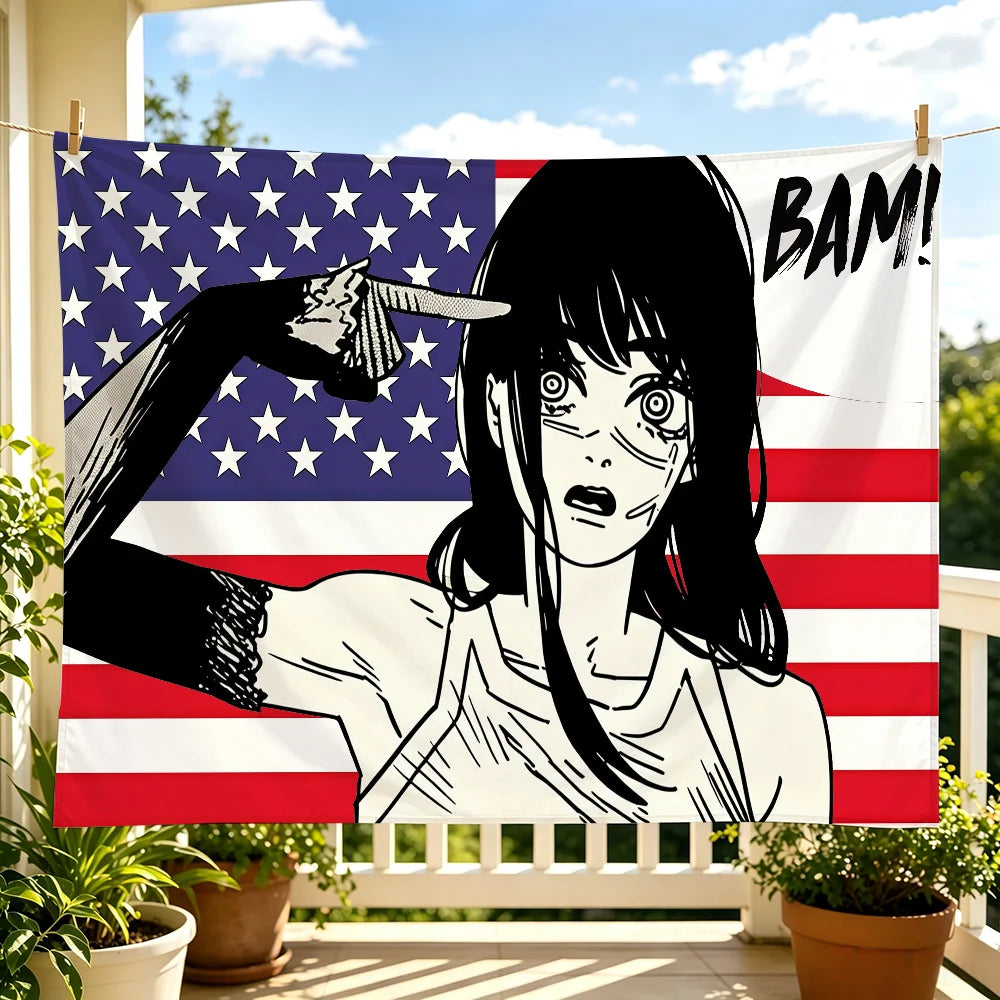 Anime tapestry wall hanging featuring a stylized female character with a black and white drawing of the American flag.