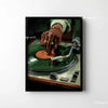 A close-up of a hand wearing a gold bracelet is placing a vinyl record onto a green platter.